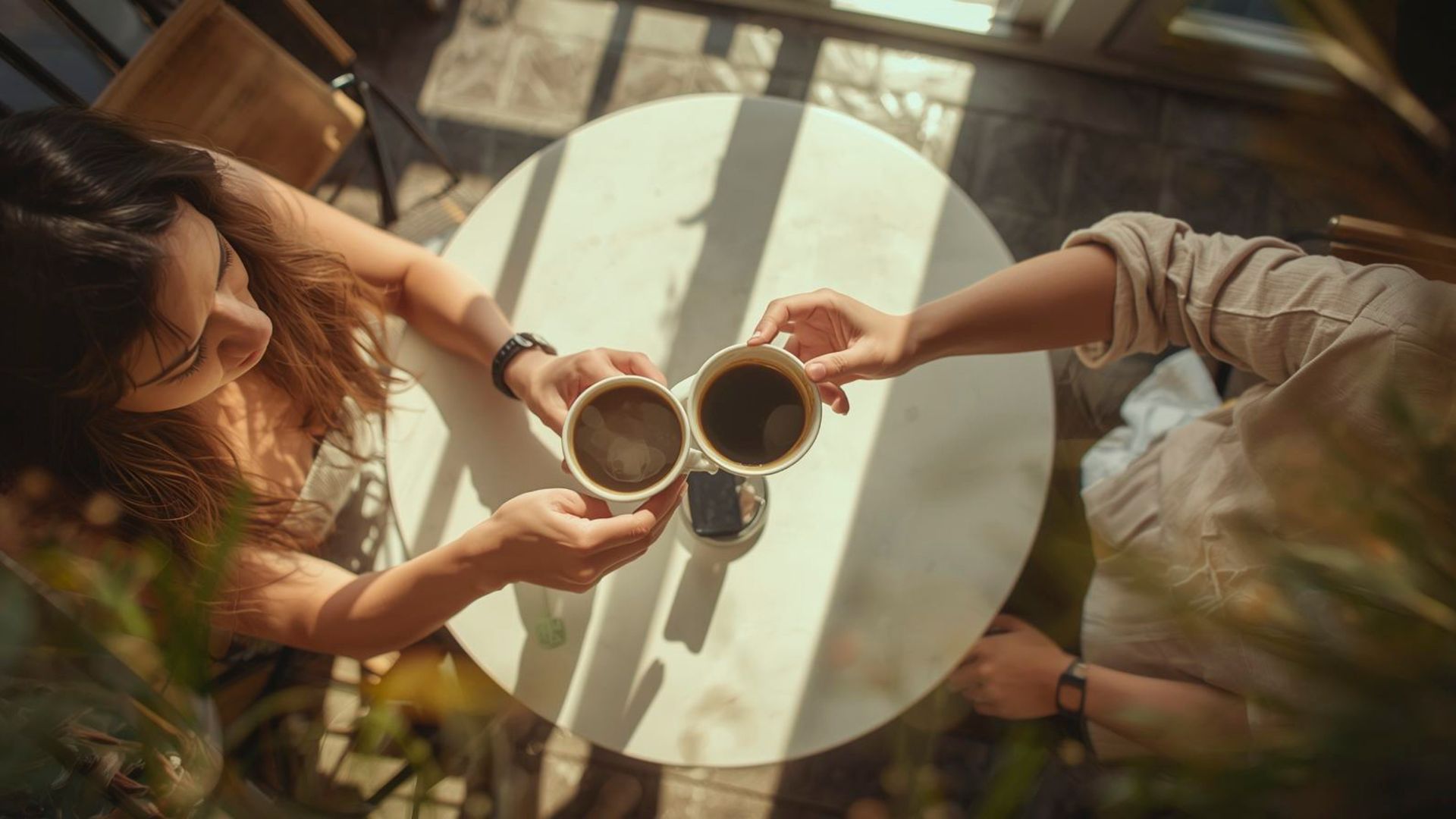deux femmes trinquant avec une tasse &agrave; caf&eacute; dans un cadre bien-&ecirc;tre